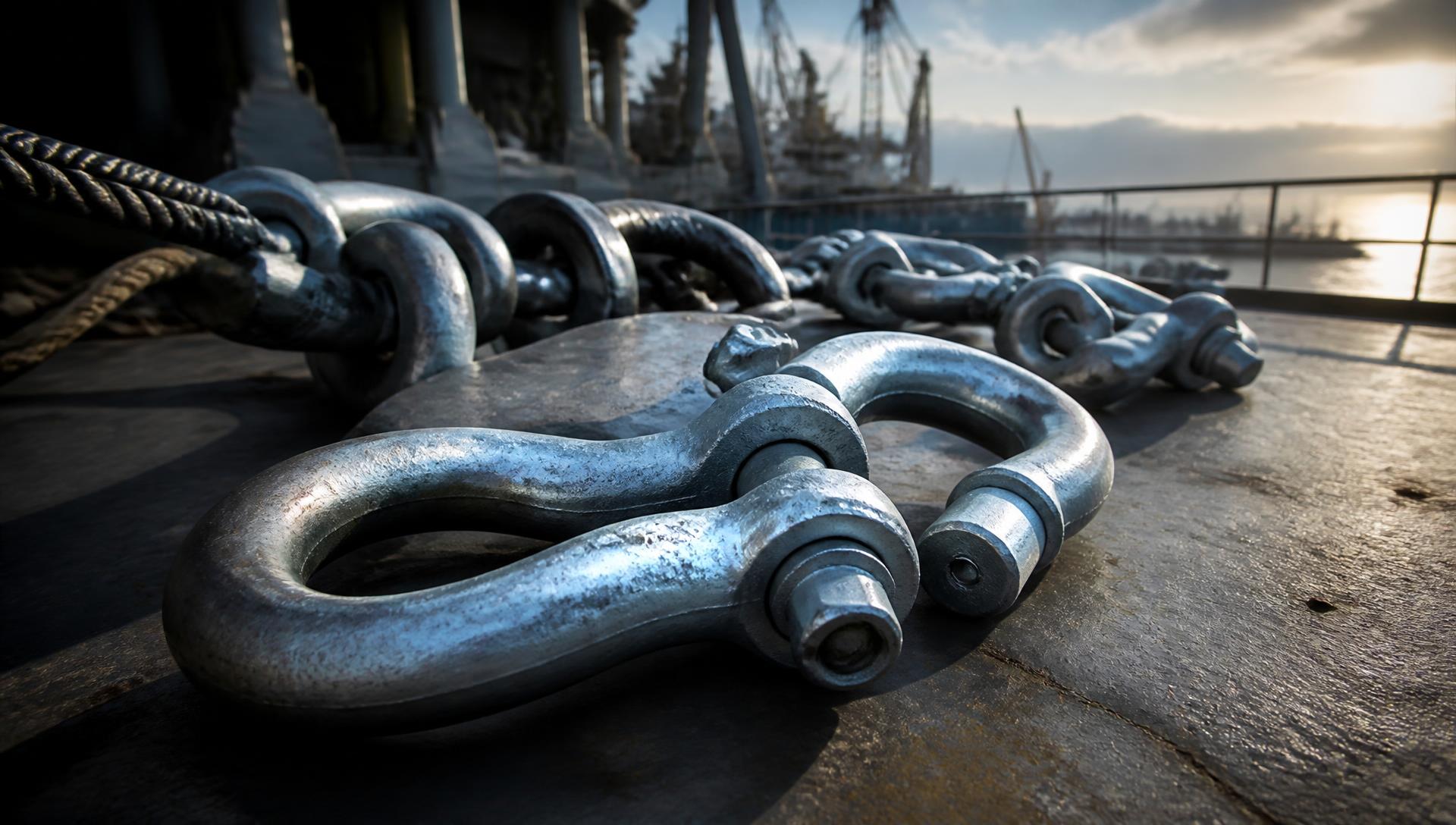 Galvanised marine bow shackles and connecting links on a ship deck