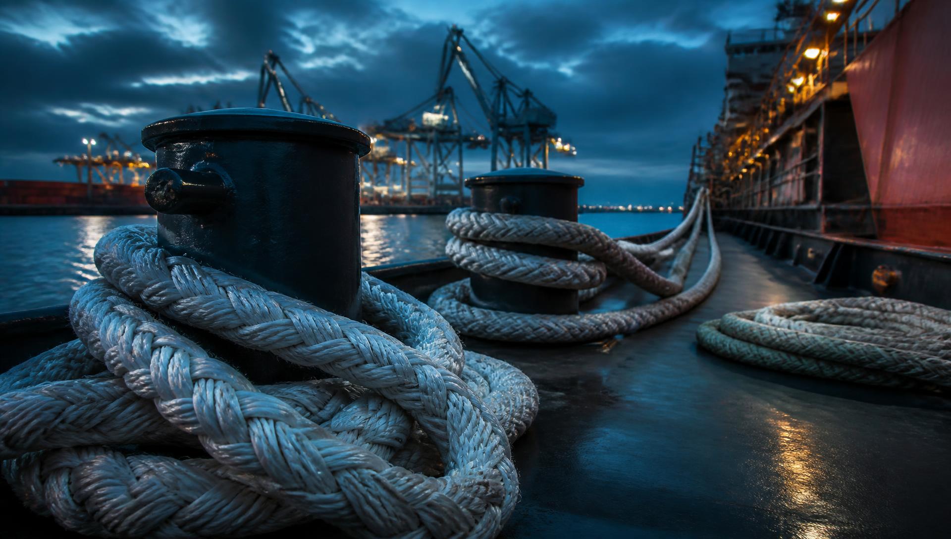 Mooring lines on bollards at a commercial port
