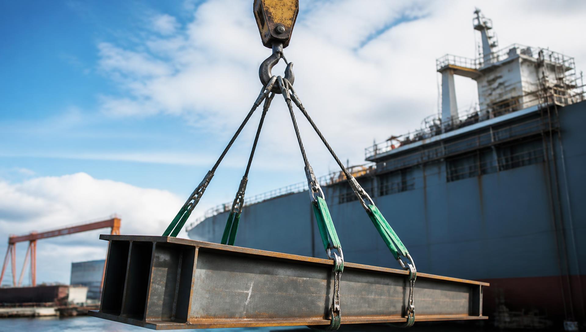 Wire rope and webbing lifting slings on a crane hook in a shipyard