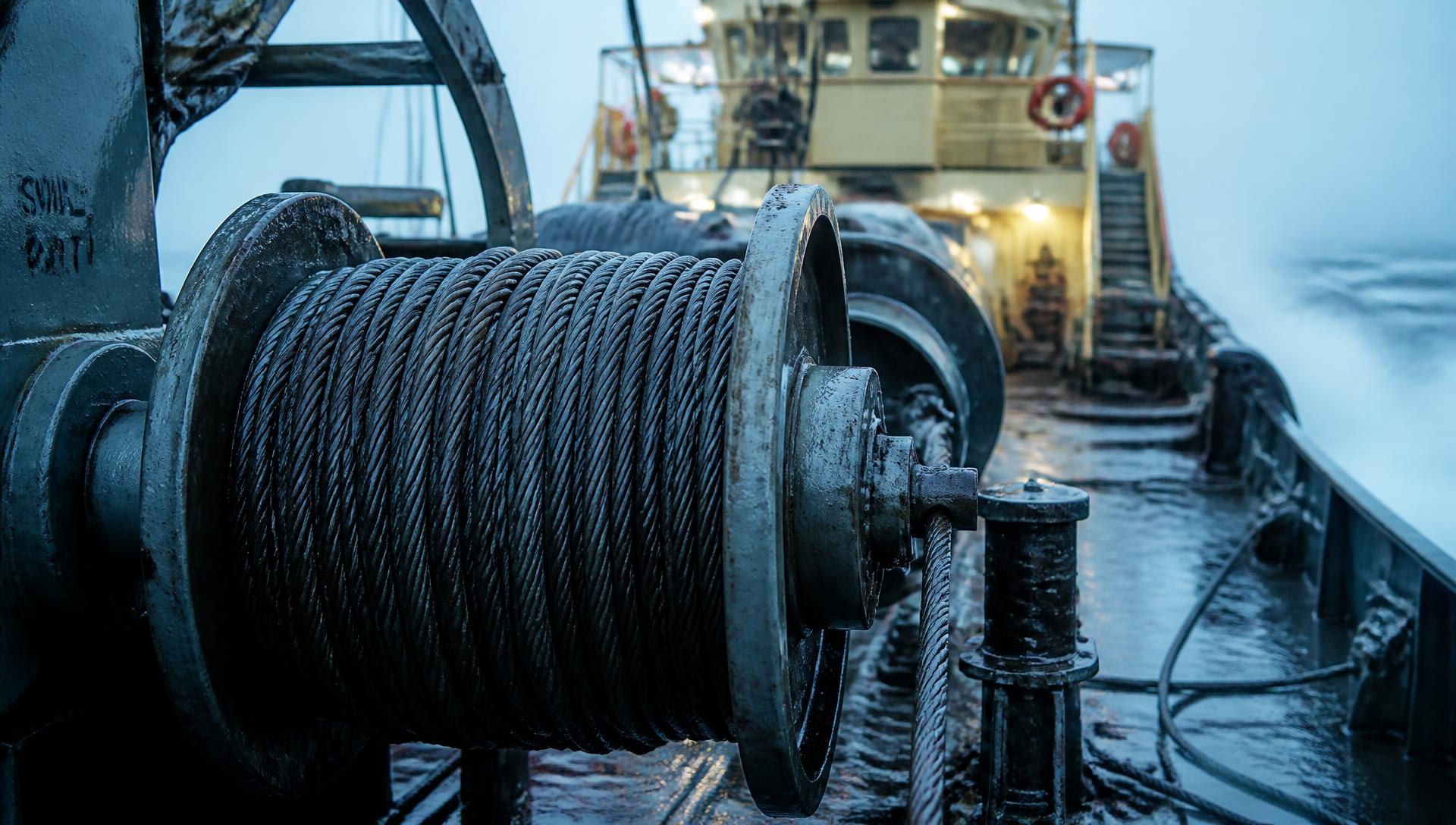 Steel wire rope spooled on a ship winch drum